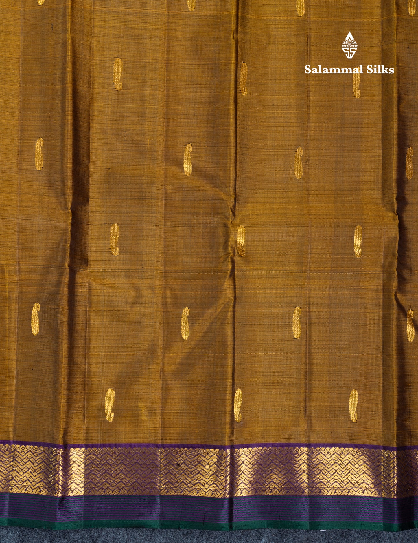 Olive Mustard Yellow Pure Kanjivaram Silk Saree With Contrast Dark Purple Traditional Border
