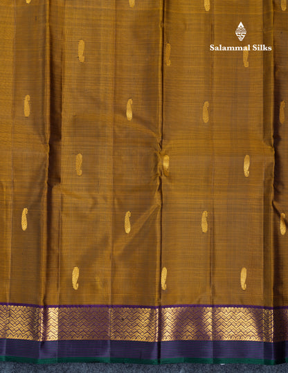 Olive Mustard Yellow Pure Kanjivaram Silk Saree With Contrast Dark Purple Traditional Border
