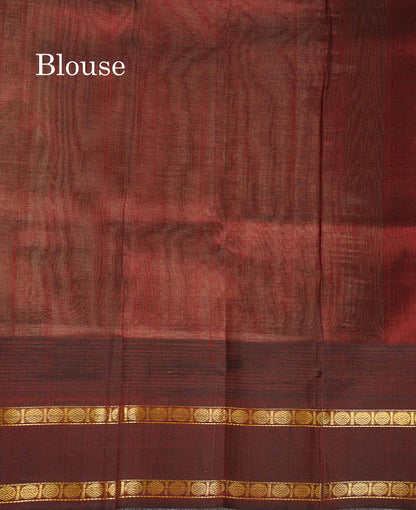 Pure Silk Cotton Saree - Green White Plain Along With Contrast Dark Brown Traditional Rettapet Gap Border