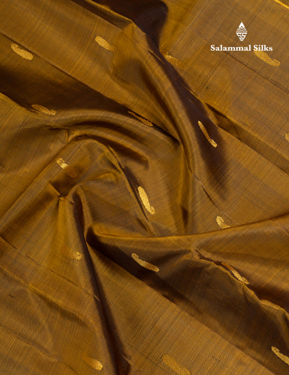 Olive Mustard Yellow Pure Kanjivaram Silk Saree With Contrast Dark Purple Traditional Border
