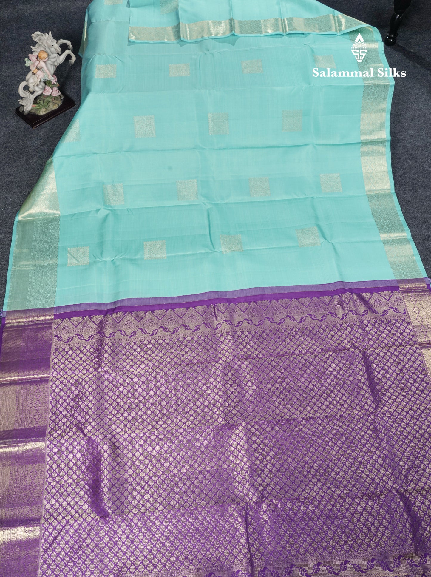 Sky Blue Pure Kanjivaram Silk Saree With Contrast Purple Blouse
