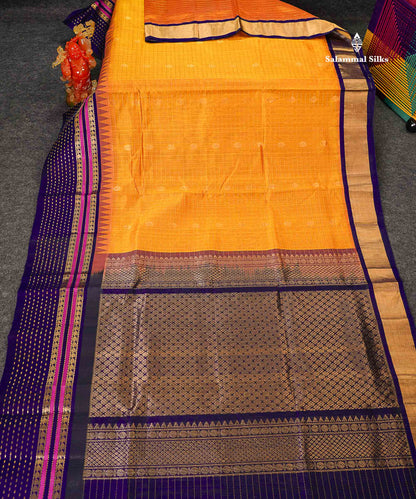 Pure Silk Cotton Saree - Orange Checks With Butta Along With Contrast Navy Blue Traditional Evening Morning Border