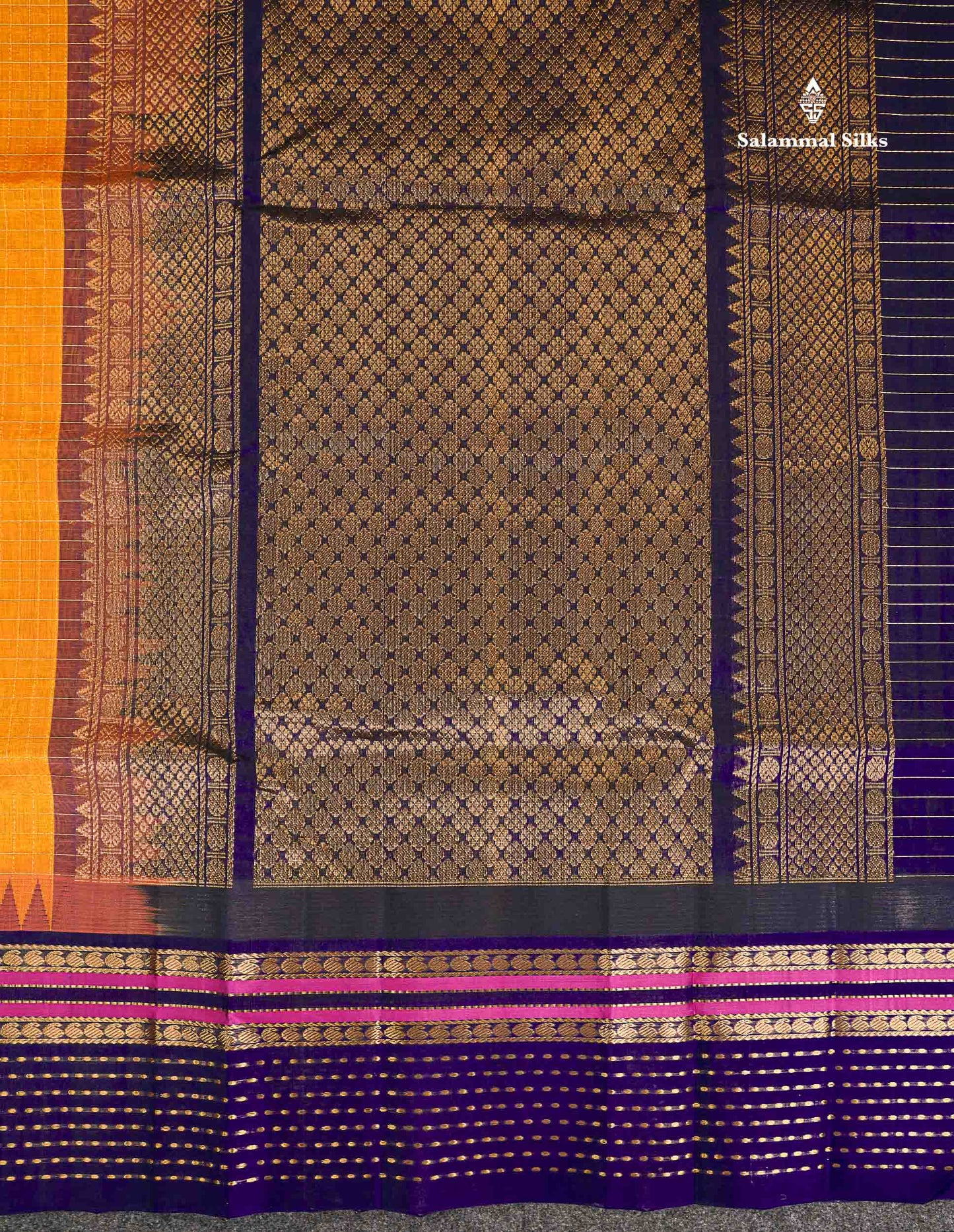 Pure Silk Cotton Saree - Orange Checks With Butta Along With Contrast Navy Blue Traditional Evening Morning Border