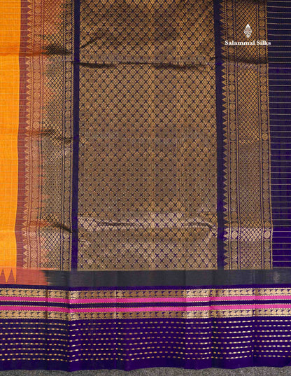 Pure Silk Cotton Saree - Orange Checks With Butta Along With Contrast Navy Blue Traditional Evening Morning Border