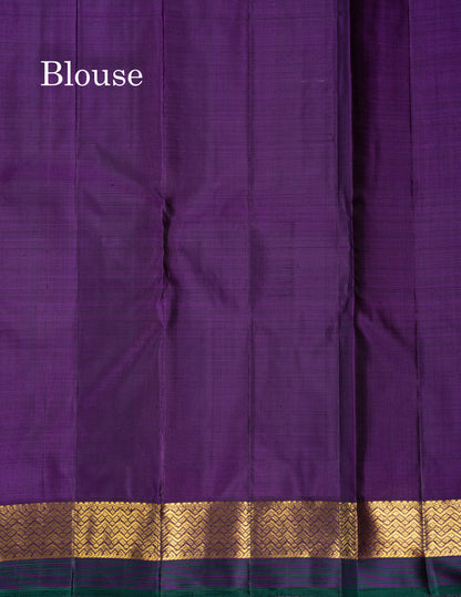 Olive Mustard Yellow Pure Kanjivaram Silk Saree With Contrast Dark Purple Traditional Border