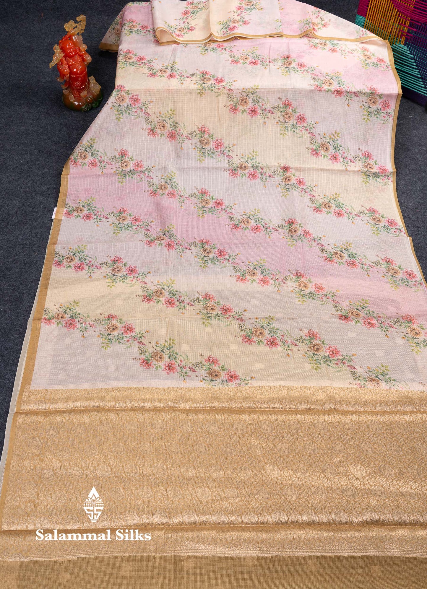 Beautiful Multicolour Floral Design Kota Cotton Mix Fancy Saree With Contrast Bottle Green Blouse