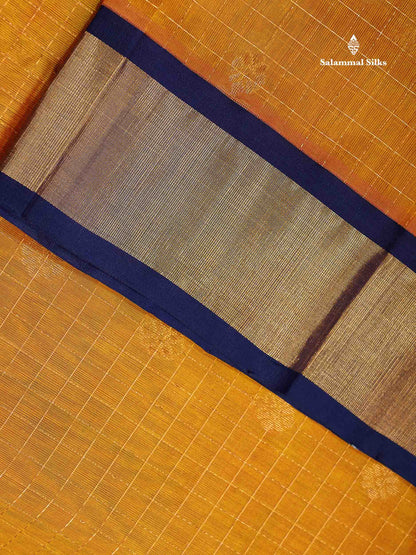 Pure Silk Cotton Saree - Orange Checks With Butta Along With Contrast Navy Blue Traditional Evening Morning Border