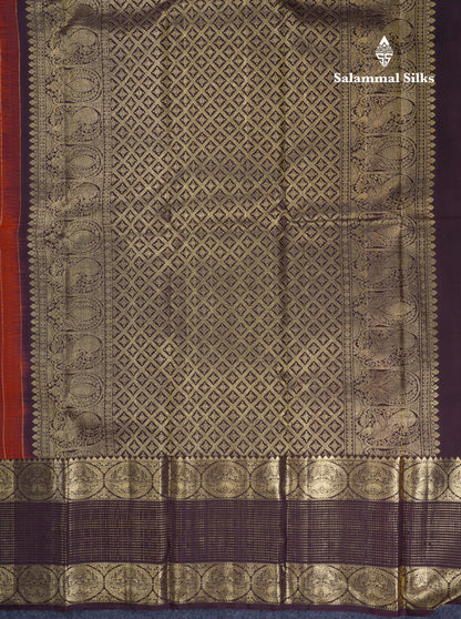 Rust Orange Pure Kanjivaram Silk Saree With Contrast Brown Traditional Evening Morning Border