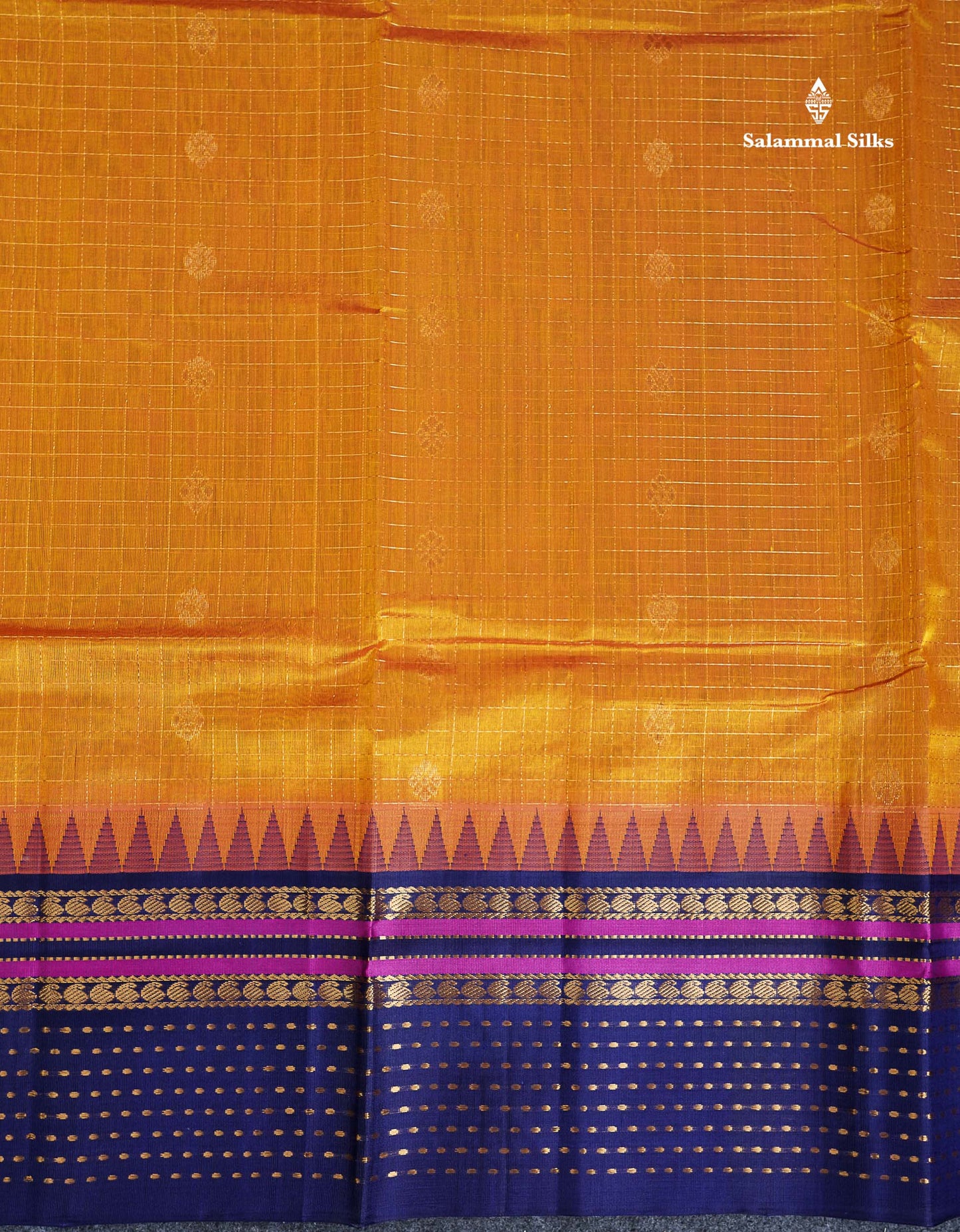 Pure Silk Cotton Saree - Orange Checks With Butta Along With Contrast Navy Blue Traditional Evening Morning Border