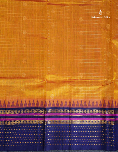 Pure Silk Cotton Saree - Orange Checks With Butta Along With Contrast Navy Blue Traditional Evening Morning Border