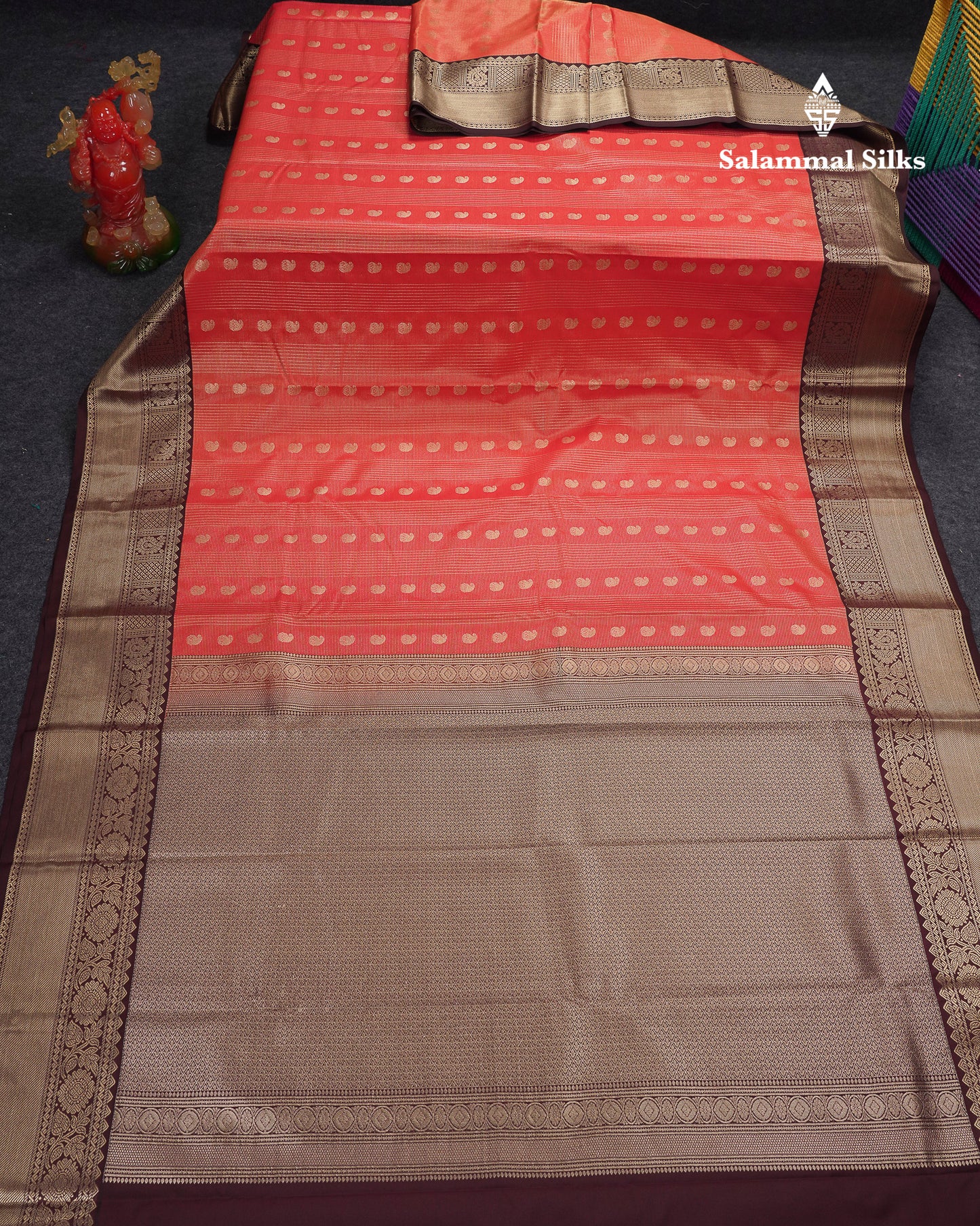 Beautiful Rust Orange Vaira Oosi With Mango Butta Semi Silk Saree With Contrast Dark Brown Traditional Border
