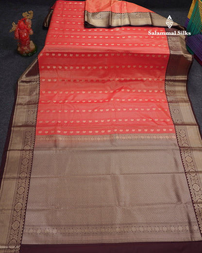 Beautiful Rust Orange Vaira Oosi With Mango Butta Semi Silk Saree With Contrast Dark Brown Traditional Border