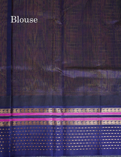Pure Silk Cotton Saree - Orange Checks With Butta Along With Contrast Navy Blue Traditional Evening Morning Border