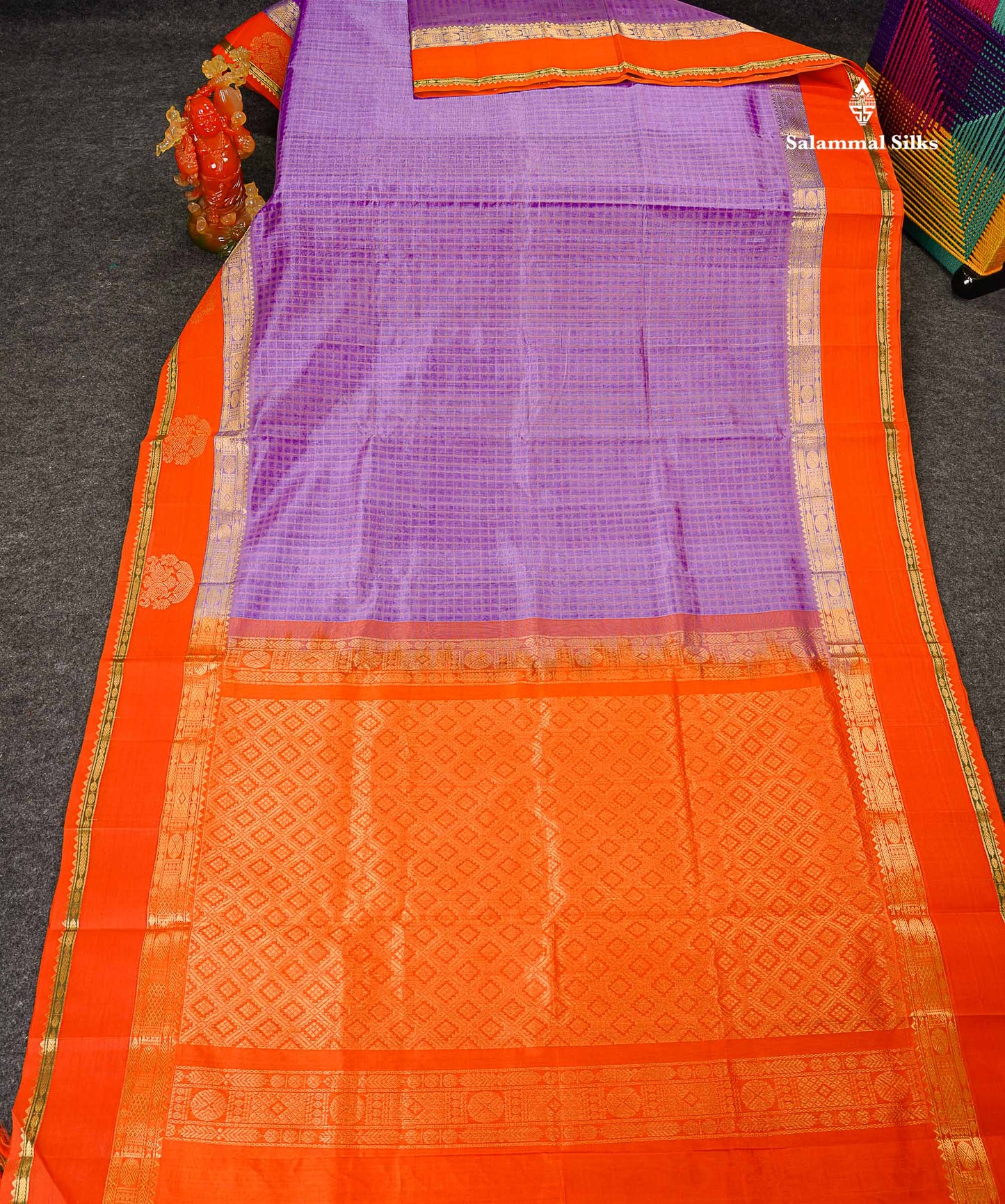 Pure Silk Cotton Saree - Light Lavender Zari Checks Along With Contrast Orange Traditional Border