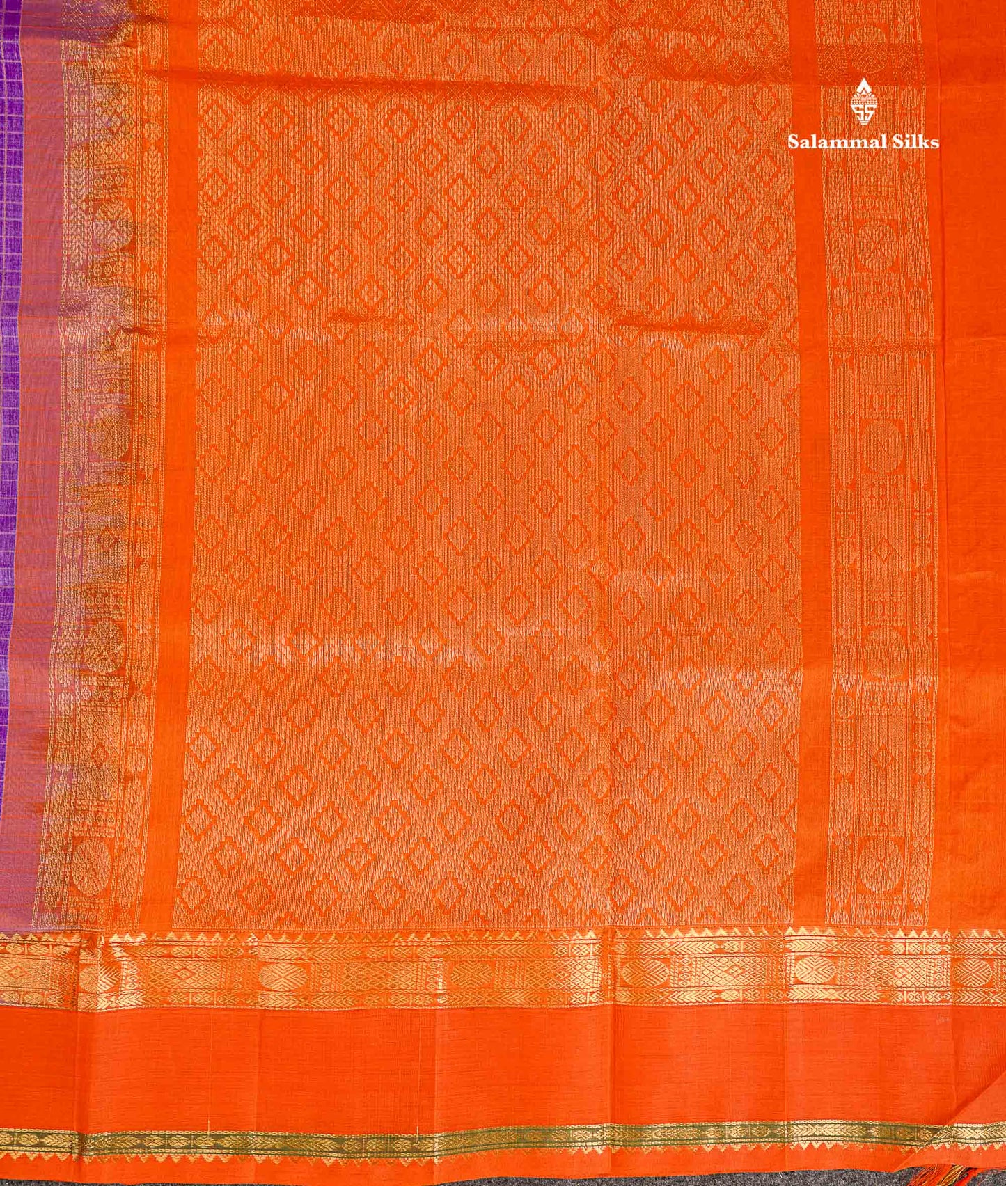 Pure Silk Cotton Saree - Light Lavender Zari Checks Along With Contrast Orange Traditional Border