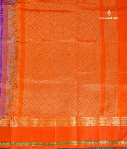 Pure Silk Cotton Saree - Light Lavender Zari Checks Along With Contrast Orange Traditional Border