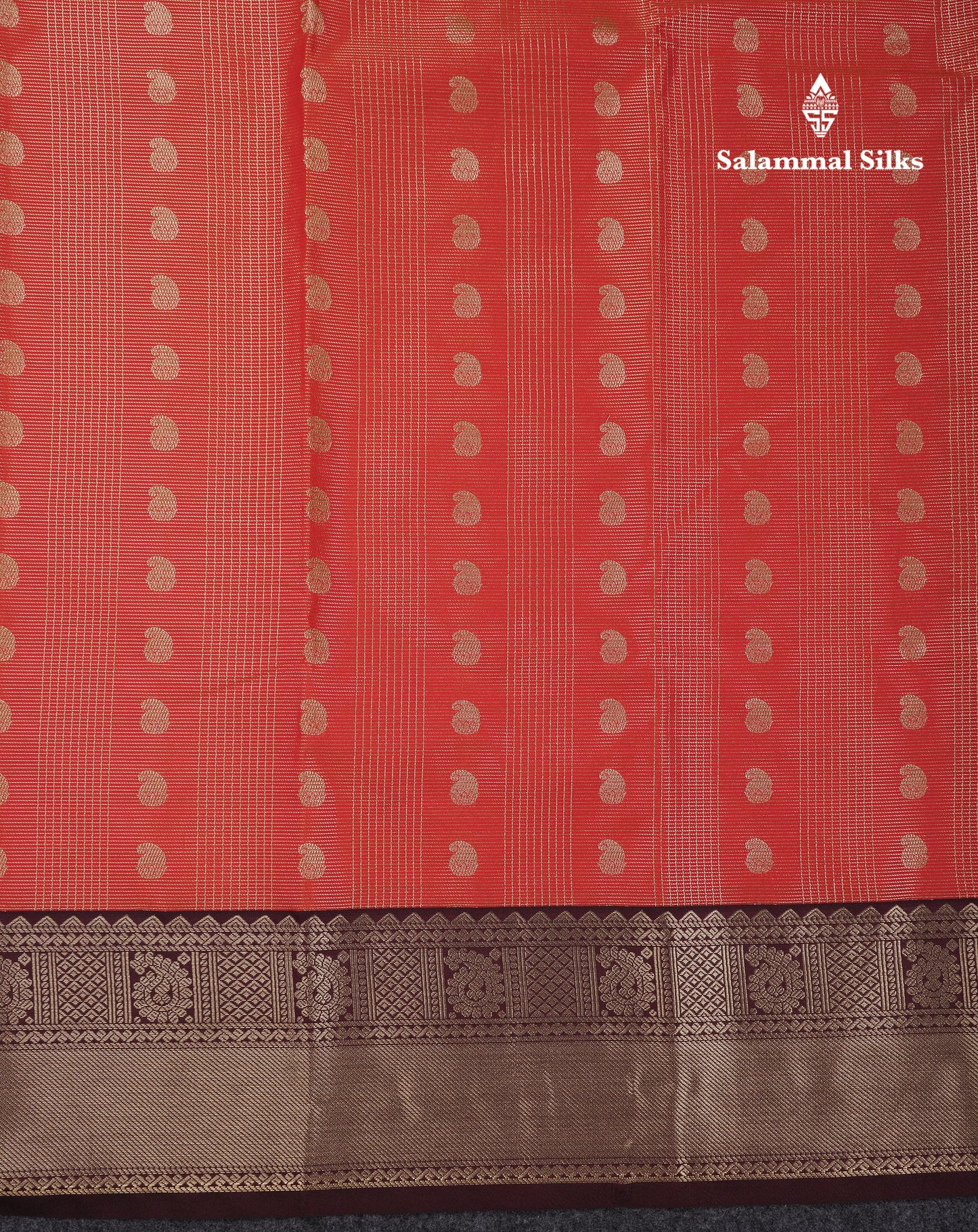 Beautiful Rust Orange Vaira Oosi With Mango Butta Semi Silk Saree With Contrast Dark Brown Traditional Border