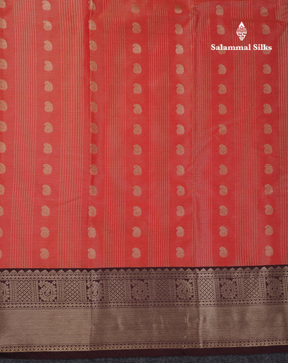 Beautiful Rust Orange Vaira Oosi With Mango Butta Semi Silk Saree With Contrast Dark Brown Traditional Border