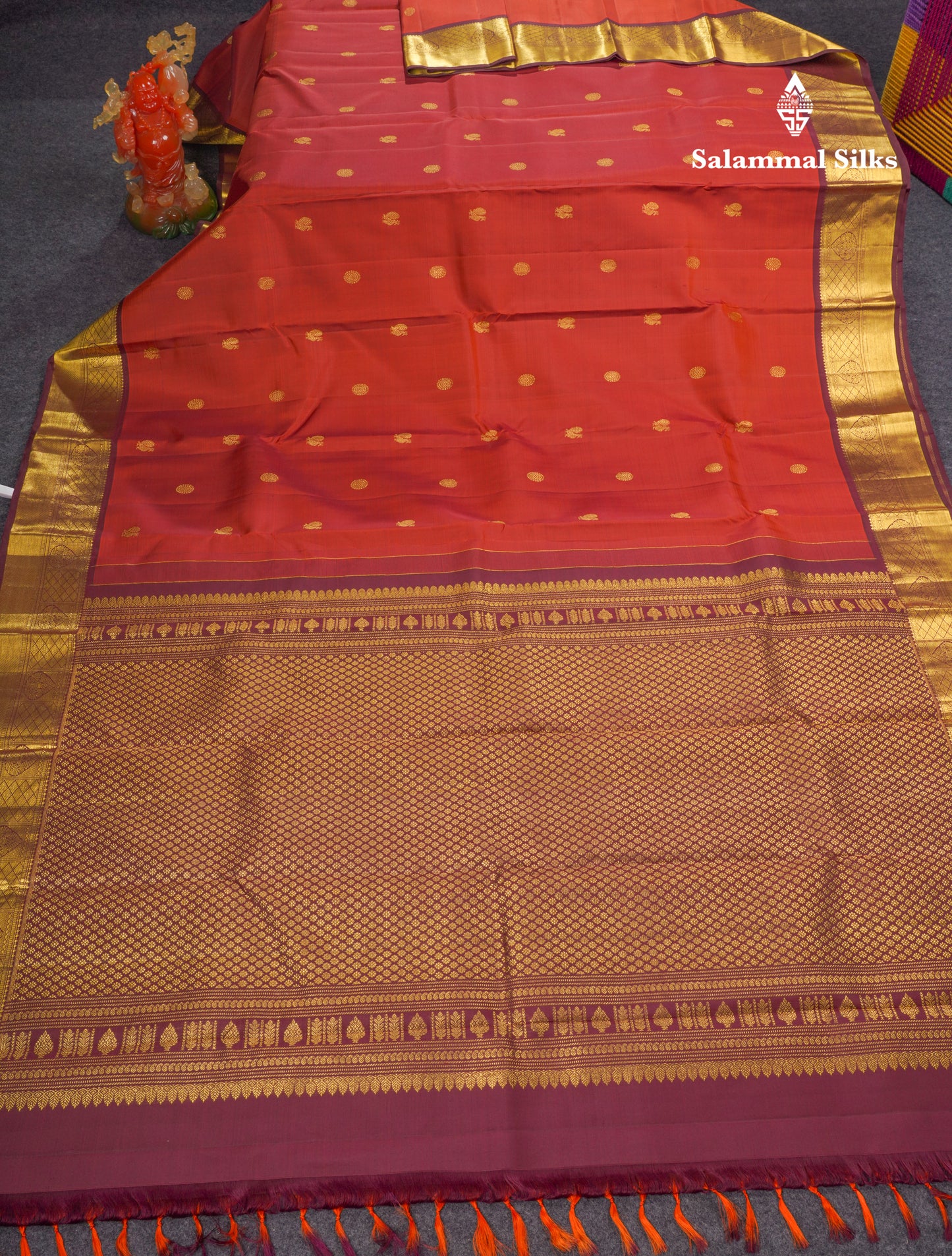 Rust Orange Pure Kanjivaram Silk Saree With Contrast Brown Traditional Border
