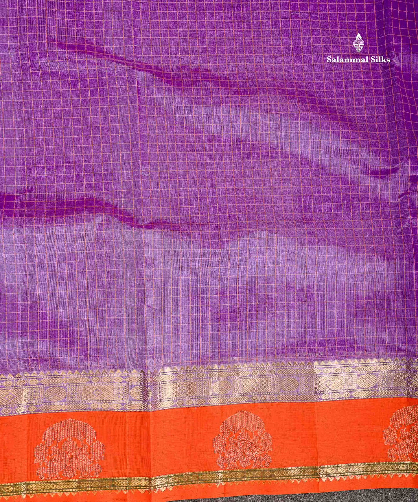 Pure Silk Cotton Saree - Light Lavender Zari Checks Along With Contrast Orange Traditional Border