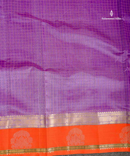 Pure Silk Cotton Saree - Light Lavender Zari Checks Along With Contrast Orange Traditional Border