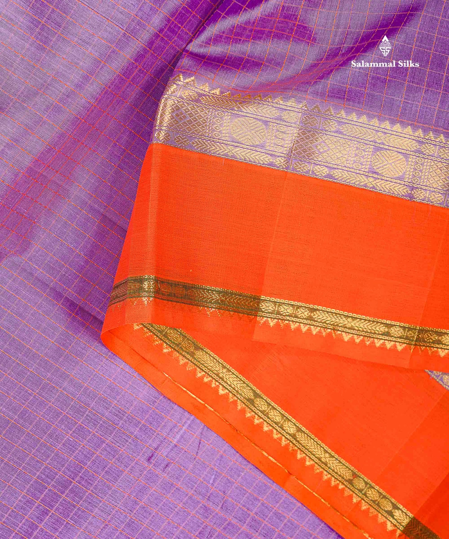 Pure Silk Cotton Saree - Light Lavender Zari Checks Along With Contrast Orange Traditional Border