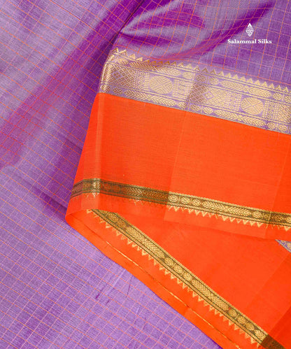 Pure Silk Cotton Saree - Light Lavender Zari Checks Along With Contrast Orange Traditional Border