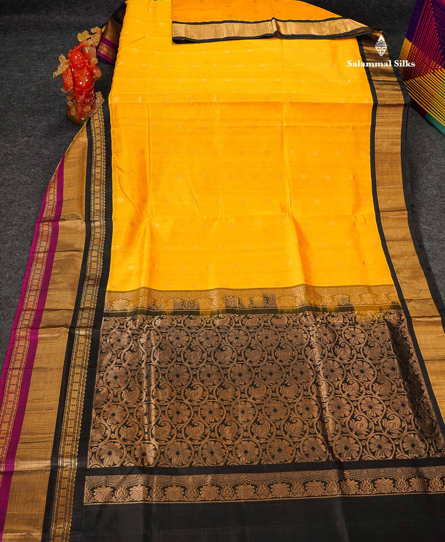 Pure Silk Cotton Saree - Mustard Yellow Zari Butta Along With Contrast Black Traditional Evening Morning Border