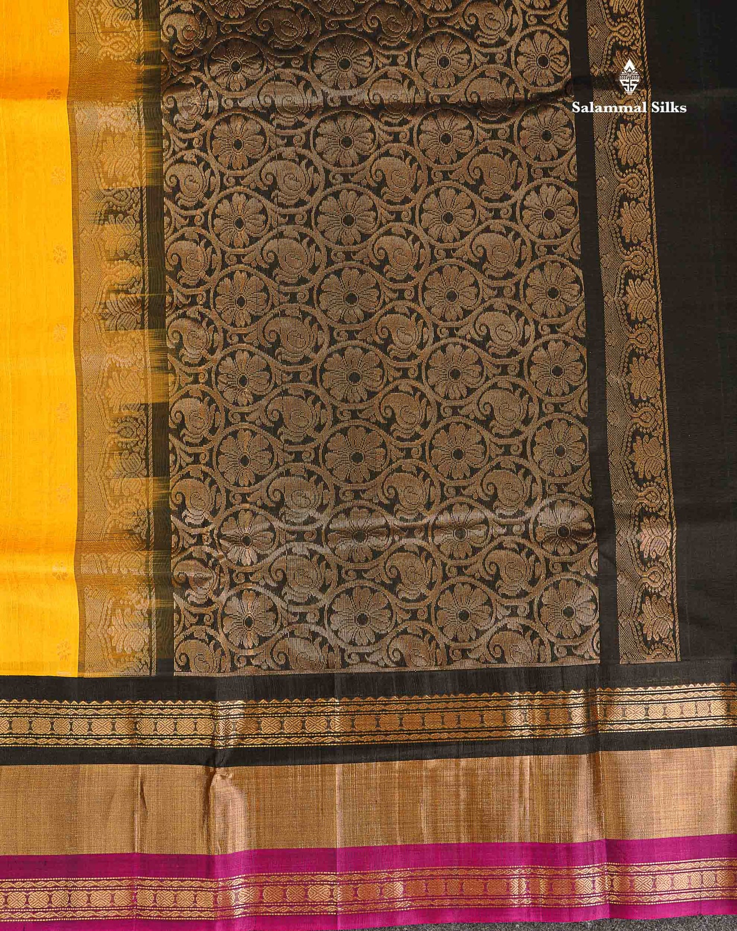 Pure Silk Cotton Saree - Mustard Yellow Zari Butta Along With Contrast Black Traditional Evening Morning Border