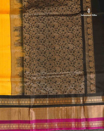 Pure Silk Cotton Saree - Mustard Yellow Zari Butta Along With Contrast Black Traditional Evening Morning Border