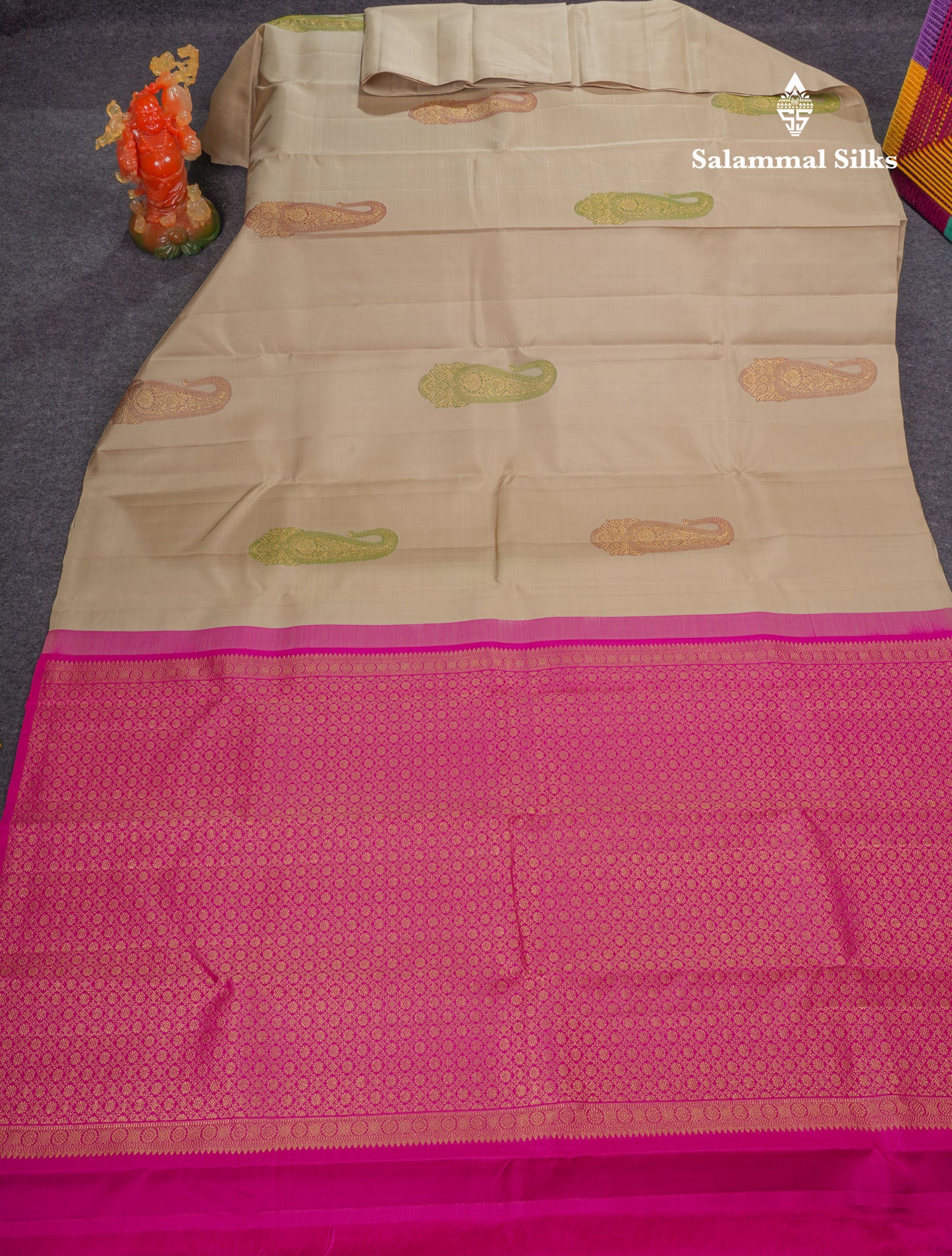 Cream Sandal Fancy Pure Kanjivaram Silk Saree With Contrast Pink Blouse