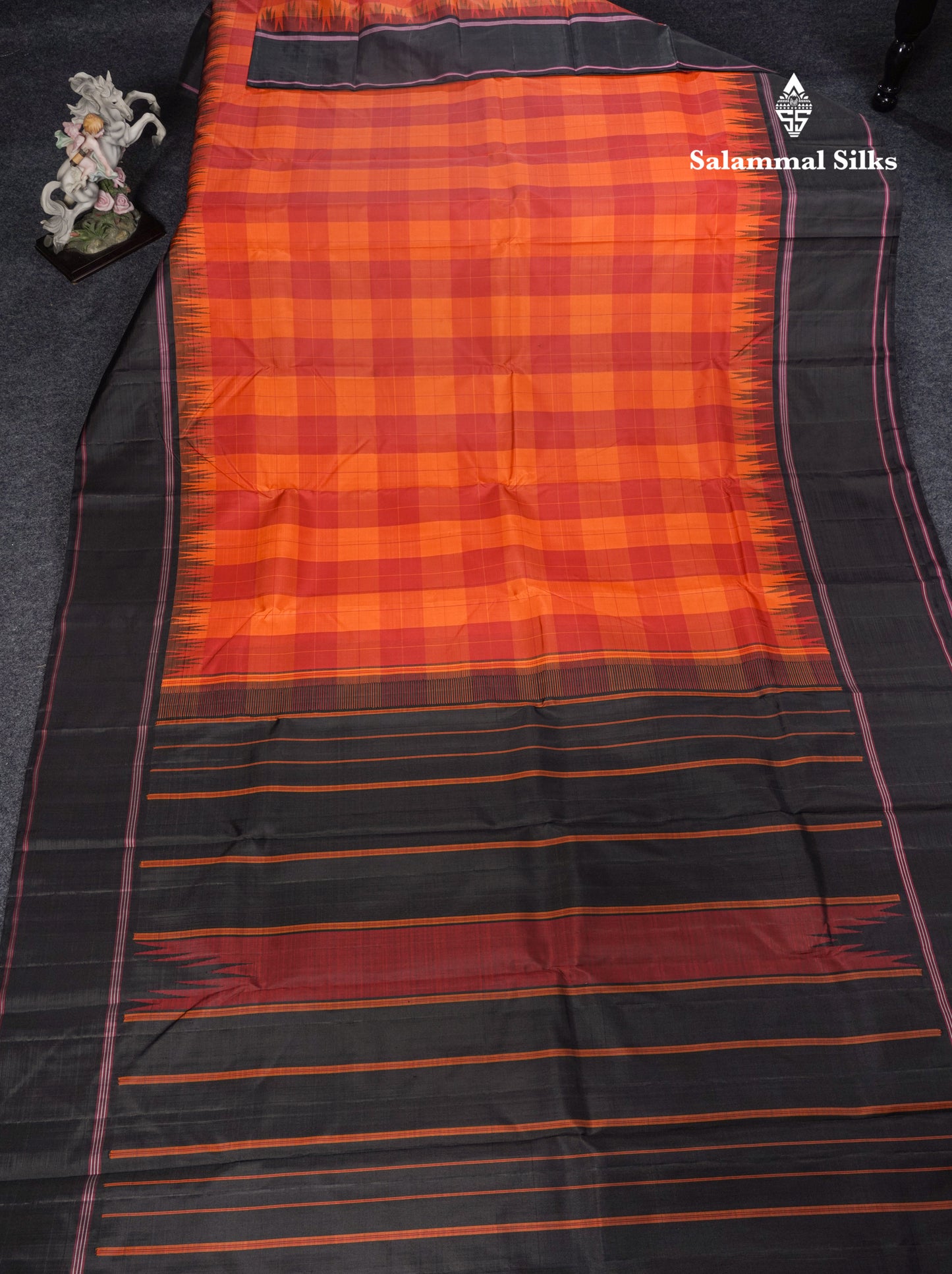Multicolour Checks Kanjivaram Pure Silk Saree With Contrast Black Temple Double Border