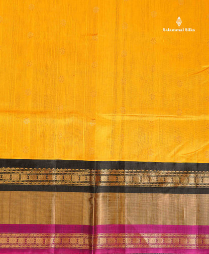 Pure Silk Cotton Saree - Mustard Yellow Zari Butta Along With Contrast Black Traditional Evening Morning Border