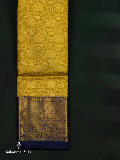 Beautiful Yellow Tissue Bridal Pure Kanjivaram Silk Saree With Contrast Navy Blue Traditional Border