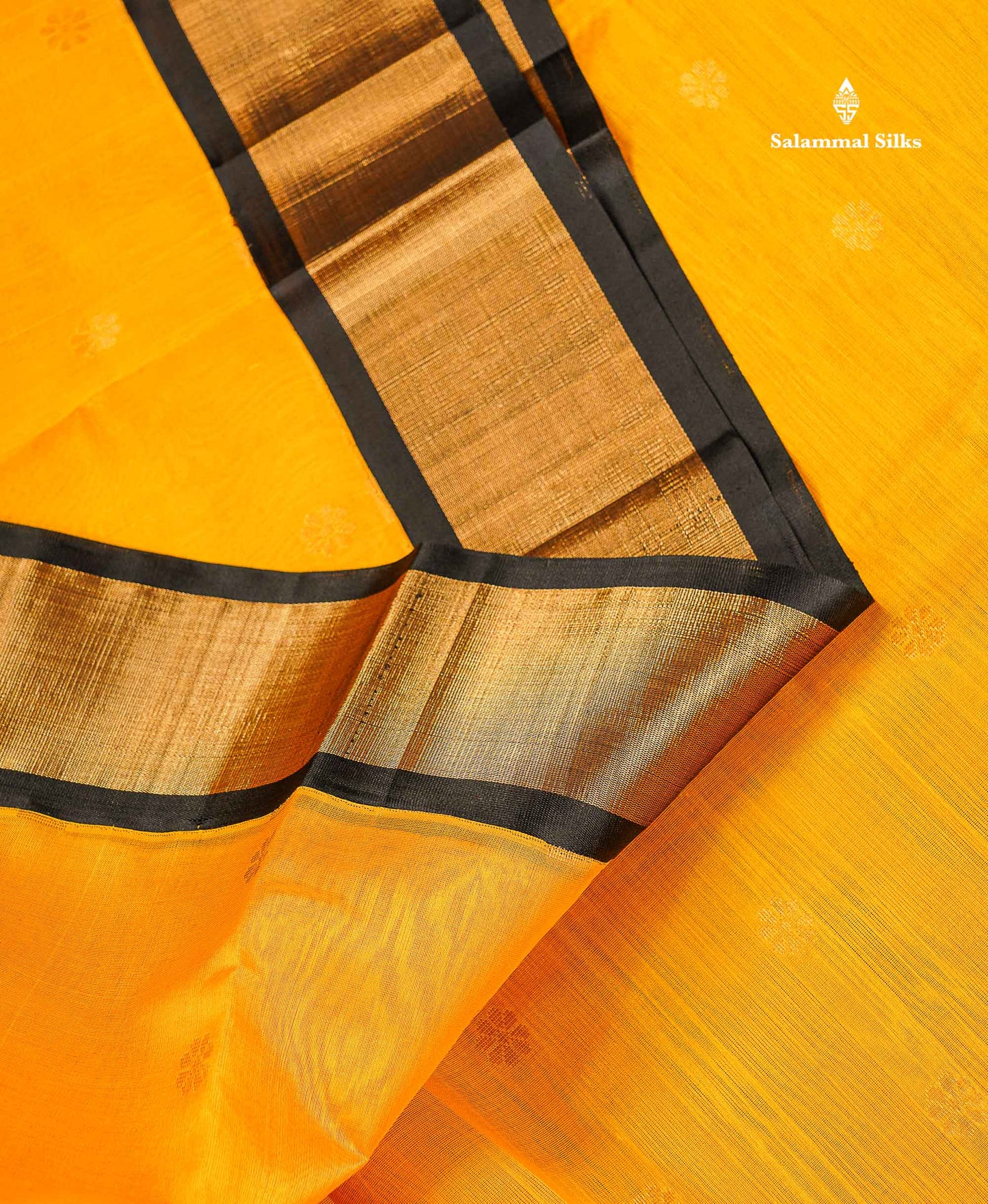 Pure Silk Cotton Saree - Mustard Yellow Zari Butta Along With Contrast Black Traditional Evening Morning Border