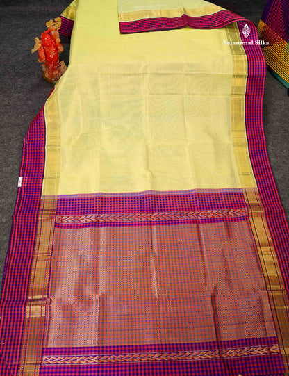 Pure Silk Cotton Saree - Pista Green Plain Along With Contrast Paalum Pazham Tiny Checks Border