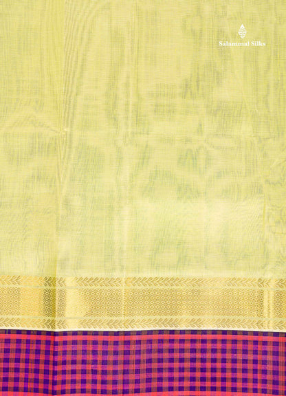 Pure Silk Cotton Saree - Pista Green Plain Along With Contrast Paalum Pazham Tiny Checks Border