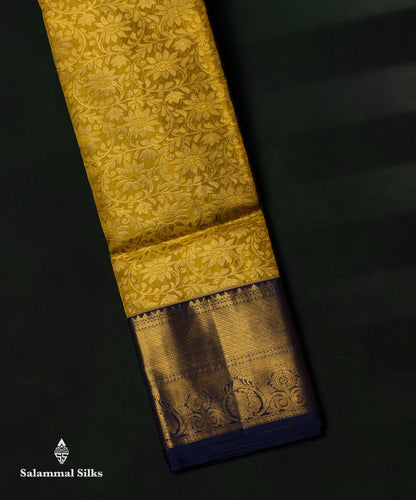 Beautiful Yellow Tissue Bridal Pure Kanjivaram Silk Saree With Contrast Navy Blue Traditional Border