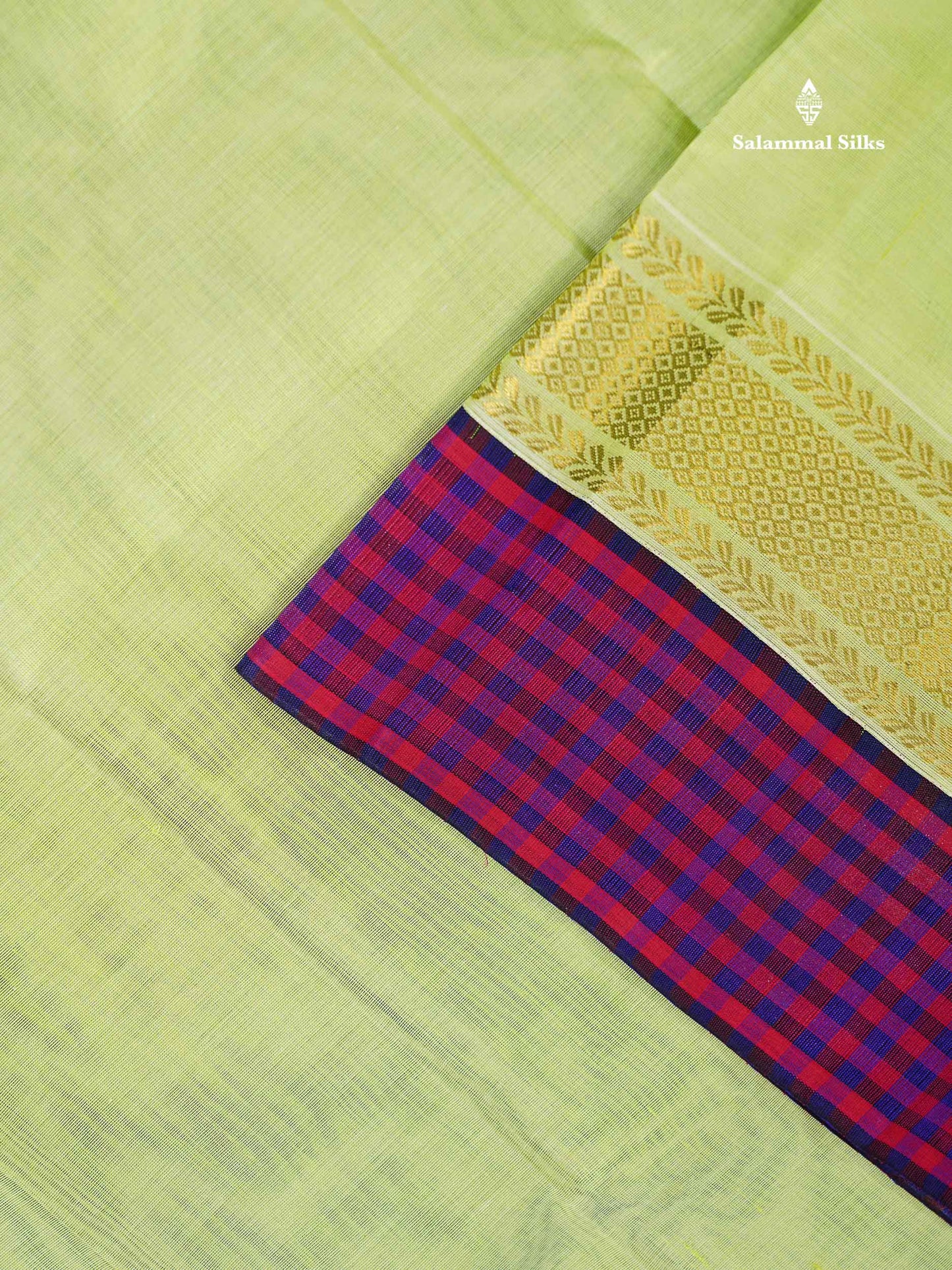 Pure Silk Cotton Saree - Pista Green Plain Along With Contrast Paalum Pazham Tiny Checks Border
