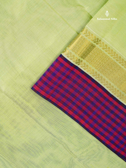 Pure Silk Cotton Saree - Pista Green Plain Along With Contrast Paalum Pazham Tiny Checks Border