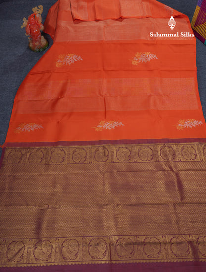 Orange Fancy Pure Kanjivaram Silk Saree With Contrast Brown Blouse