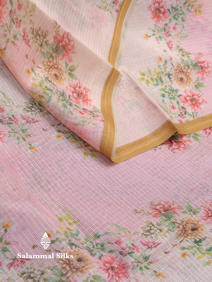 Beautiful Multicolour Floral Design Kota Cotton Mix Fancy Saree With Contrast Bottle Green Blouse