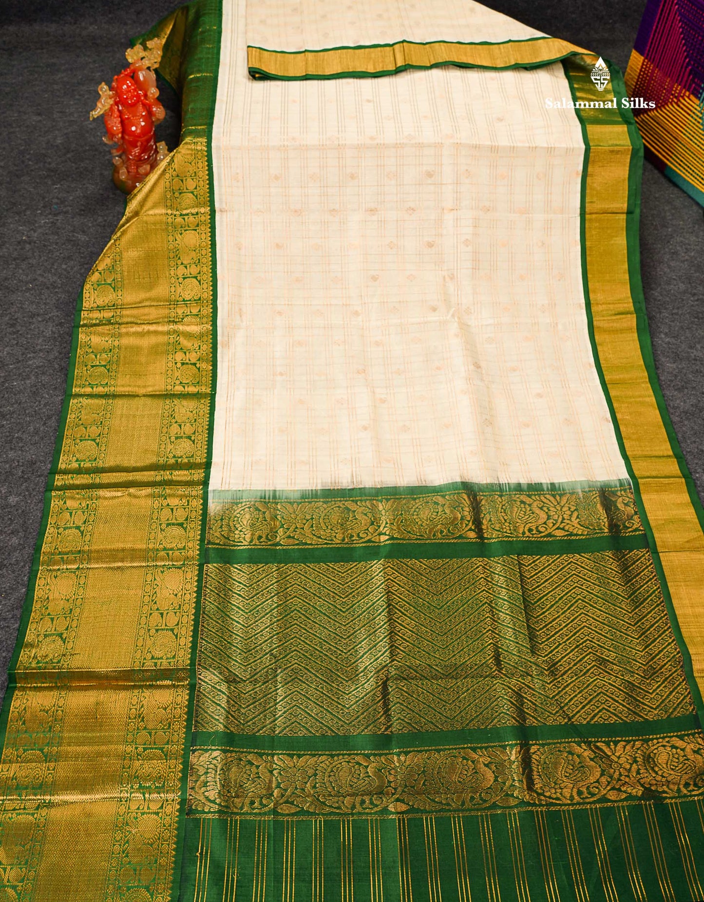 Pure Silk Cotton Saree - Half White Checks With Butta Along With Contrast Bottle Green Traditional Evening Morning Border
