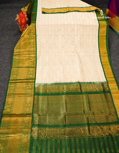 Pure Silk Cotton Saree - Half White Checks With Butta Along With Contrast Bottle Green Traditional Evening Morning Border