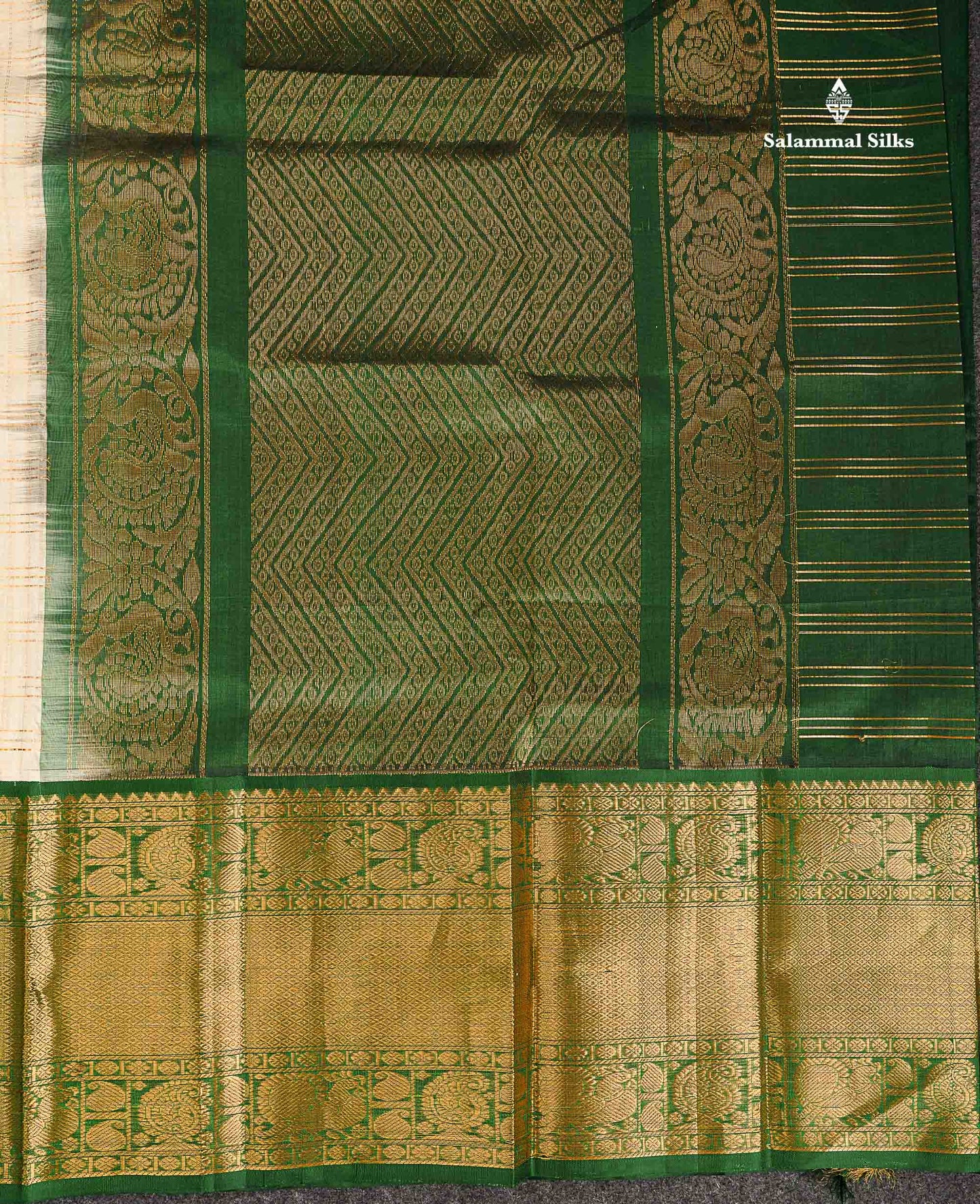 Pure Silk Cotton Saree - Half White Checks With Butta Along With Contrast Bottle Green Traditional Evening Morning Border