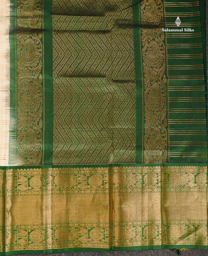 Pure Silk Cotton Saree - Half White Checks With Butta Along With Contrast Bottle Green Traditional Evening Morning Border