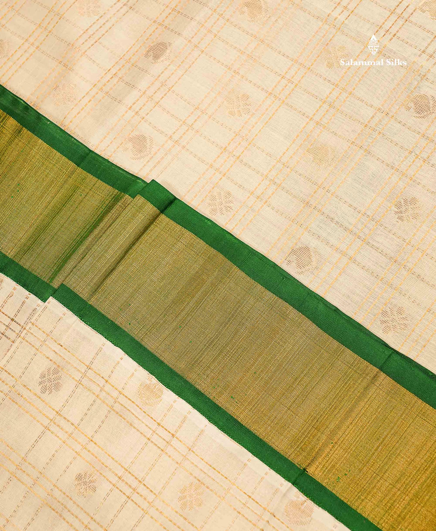 Pure Silk Cotton Saree - Half White Checks With Butta Along With Contrast Bottle Green Traditional Evening Morning Border