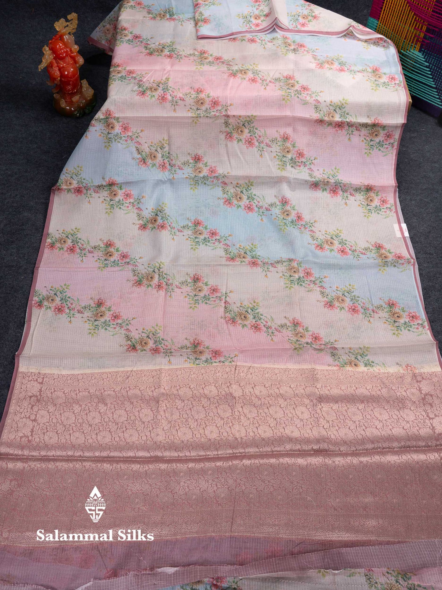 Beautiful Multicolour Floral Design Kota Cotton Mix Fancy Saree With Contrast Bottle Green Blouse