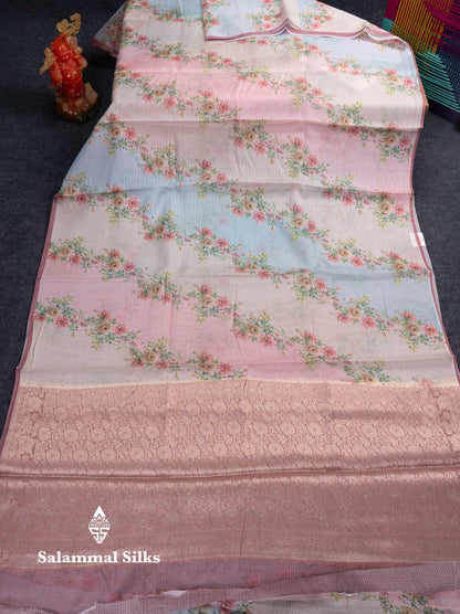 Beautiful Multicolour Floral Design Kota Cotton Mix Fancy Saree With Contrast Bottle Green Blouse