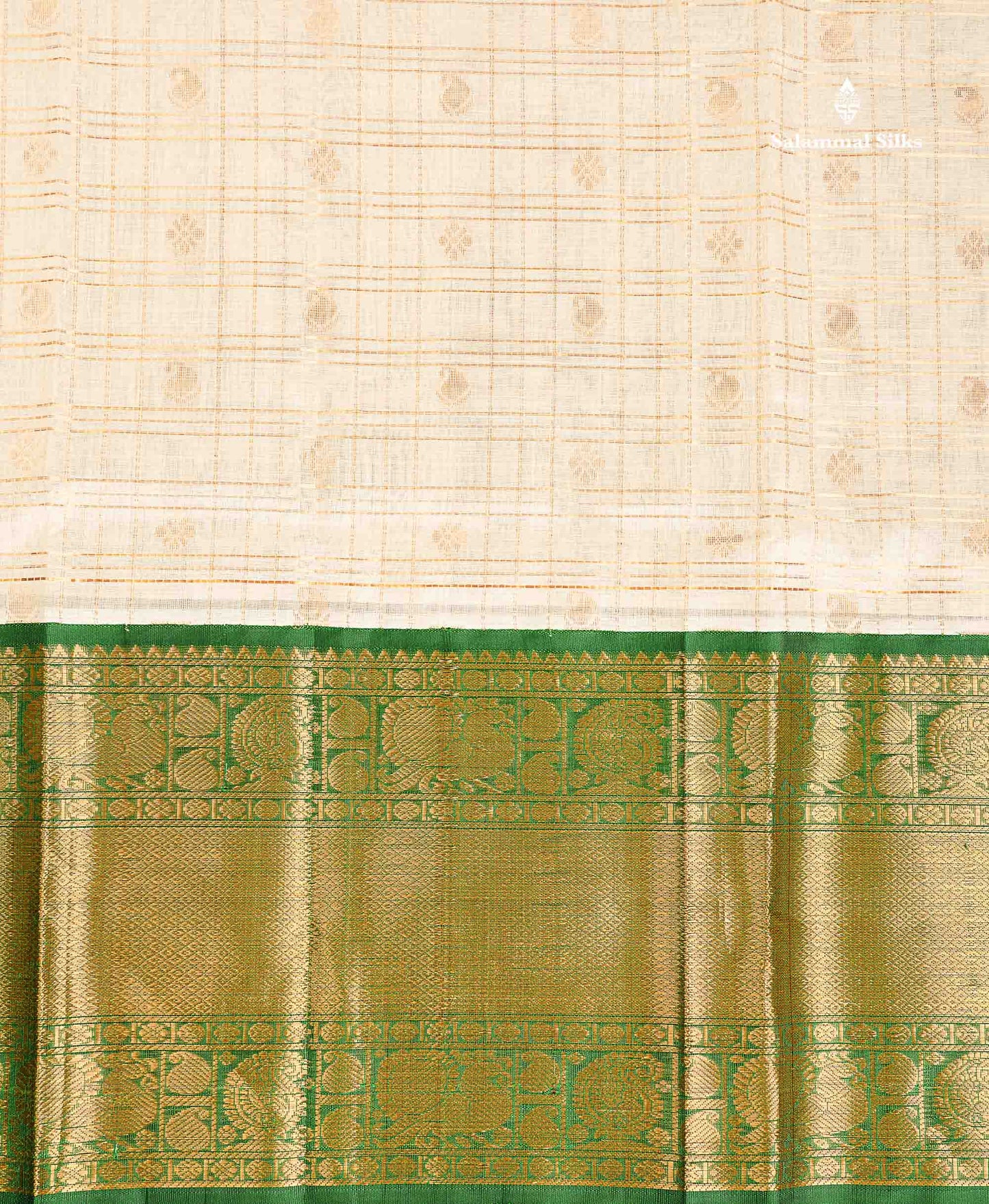 Pure Silk Cotton Saree - Half White Checks With Butta Along With Contrast Bottle Green Traditional Evening Morning Border